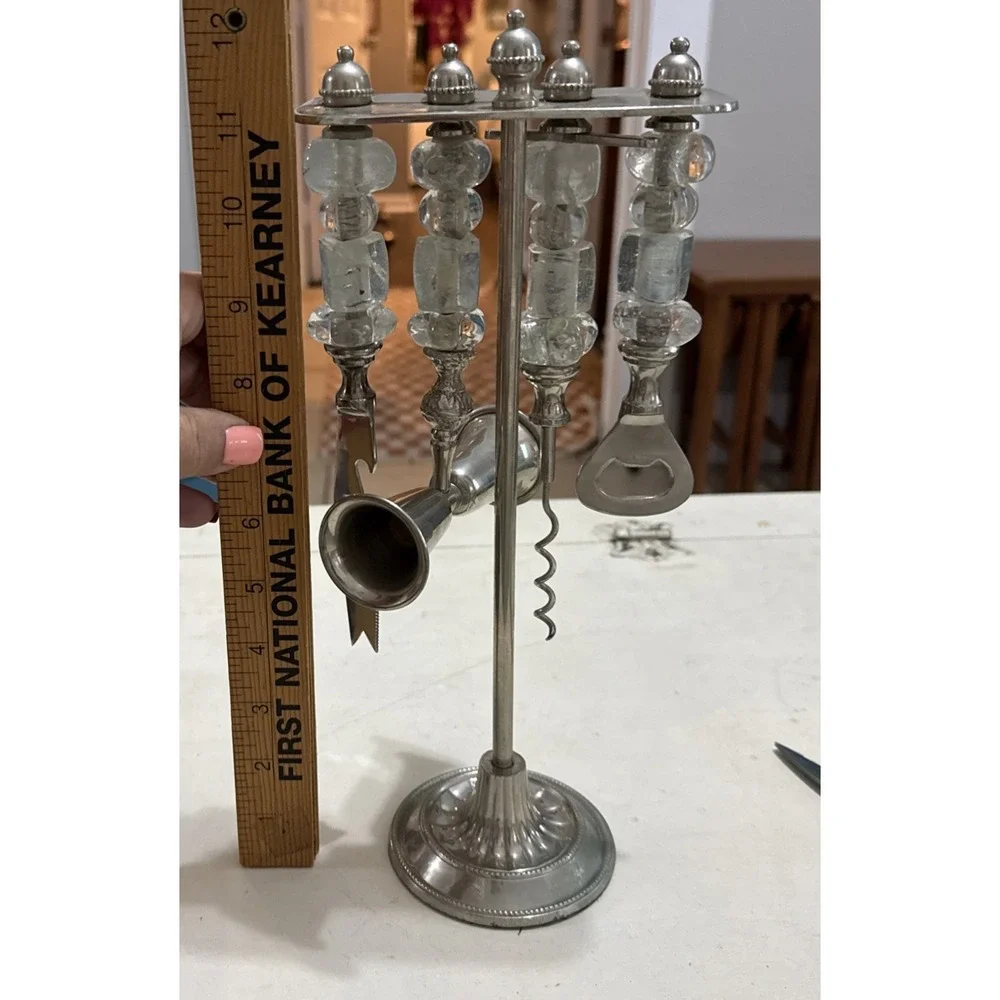 Vintage Silver Nickel & Glass Beaded Handle Barware Stand Tool Set Wine